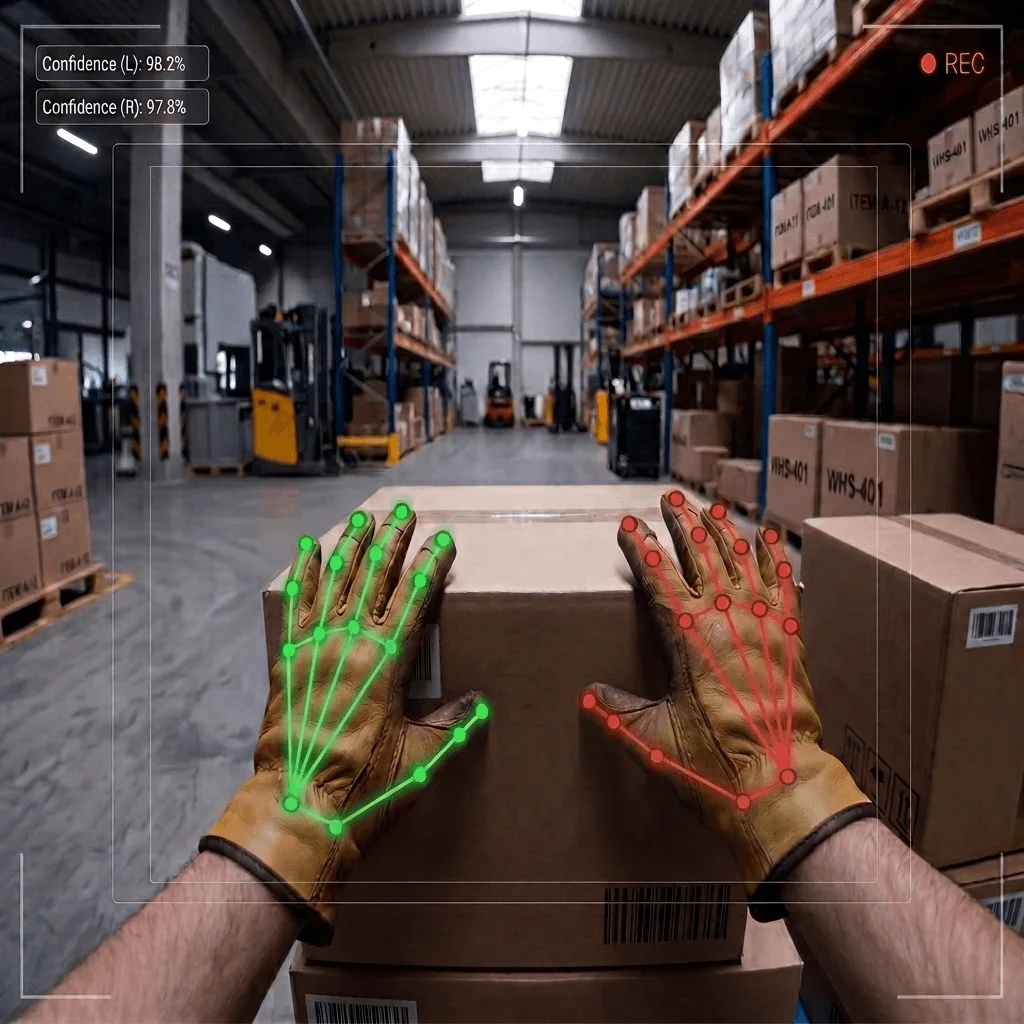 Annotated first-person view of a warehouse pro's hands being motion-tracked while handling a box